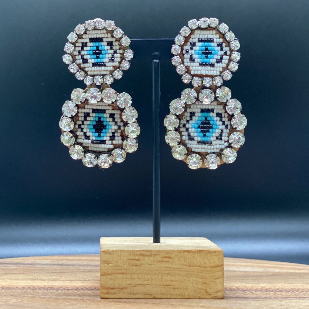 Rhine Stone Beaded Evil Eye Clip On Earrings